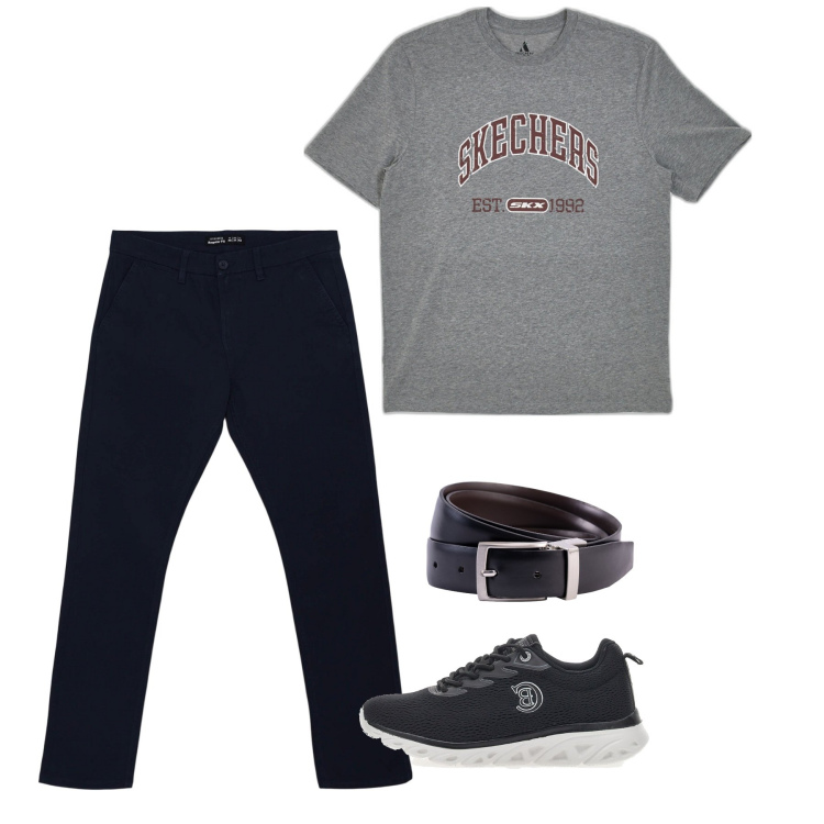 Outfit uomo - Agosto. Stile Casual per Tutti i giorni. Abbinamento con pantaloni chino, t-shirt, cinture, sneakers.