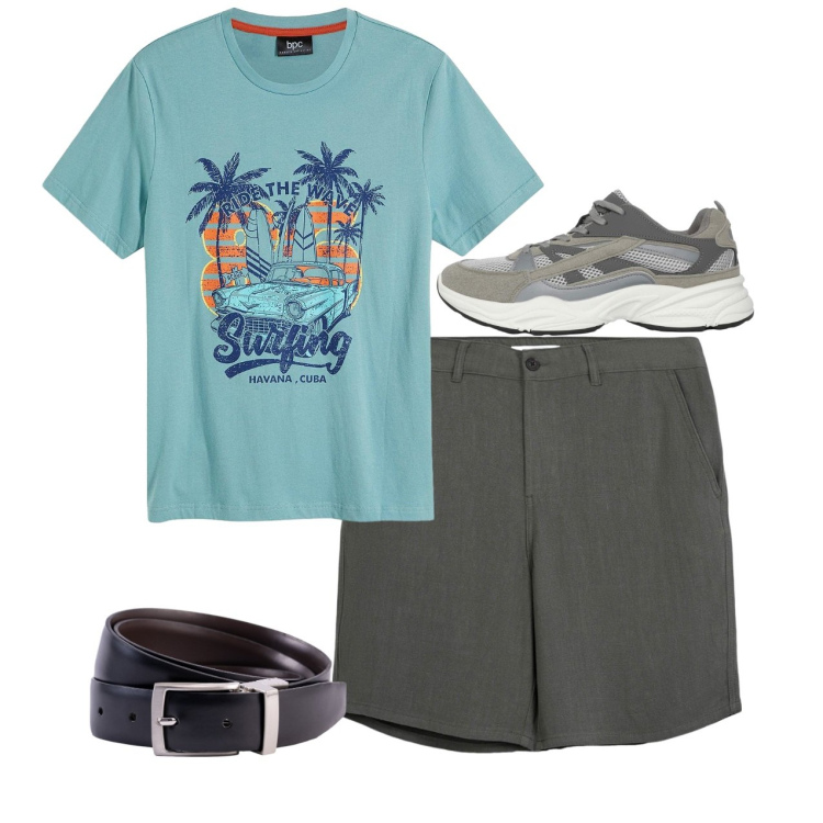Outfit uomo - Total look. Stile Casual per Tutti i giorni. Abbinamento con t-shirt, pantaloni corti, sneakers, cinture.