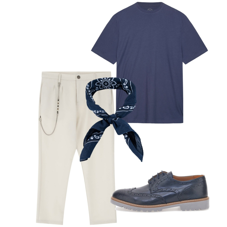 Outfit uomo - Agosto. Stile Casual per Tutti i giorni. Abbinamento con pantaloni, scarpe stringate, t-shirt, sciarpe e foulard.