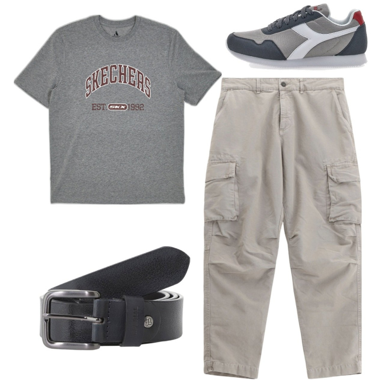 Outfit uomo - Total look. Stile Casual per Tutti i giorni. Abbinamento con cinture, pantaloni cargo, sneakers, t-shirt.