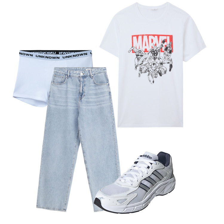 Outfit uomo - Agosto. Stile Casual per Tutti i giorni. Abbinamento con t-shirt, boxer, jeans, sneakers.