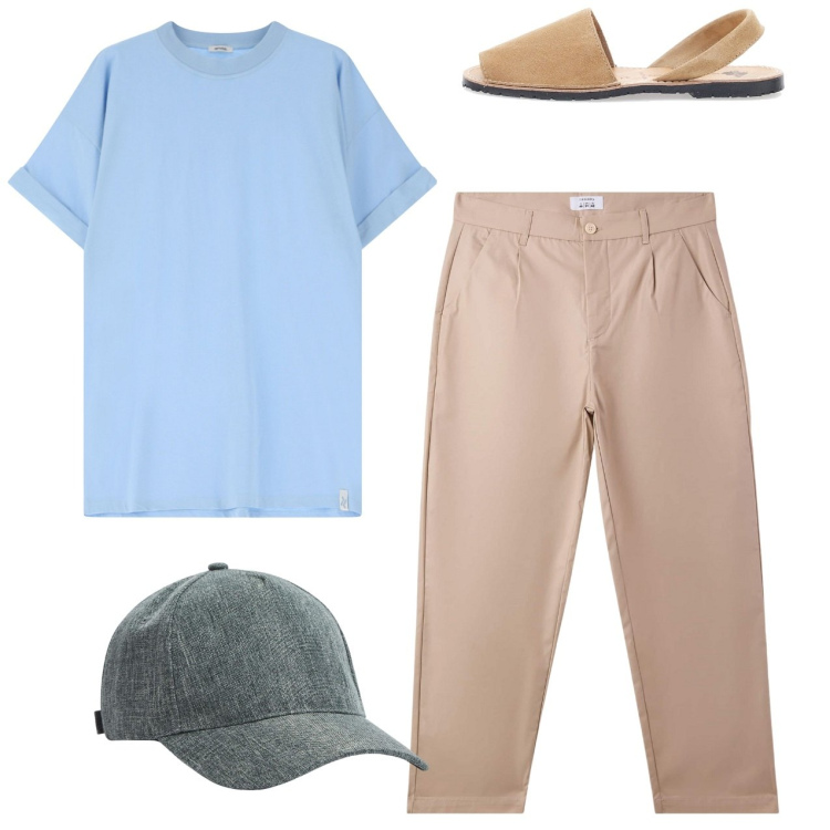 Outfit uomo - Total look. Stile Casual per Tutti i giorni. Abbinamento con cappelli, pantaloni chino, t-shirt, sandali.