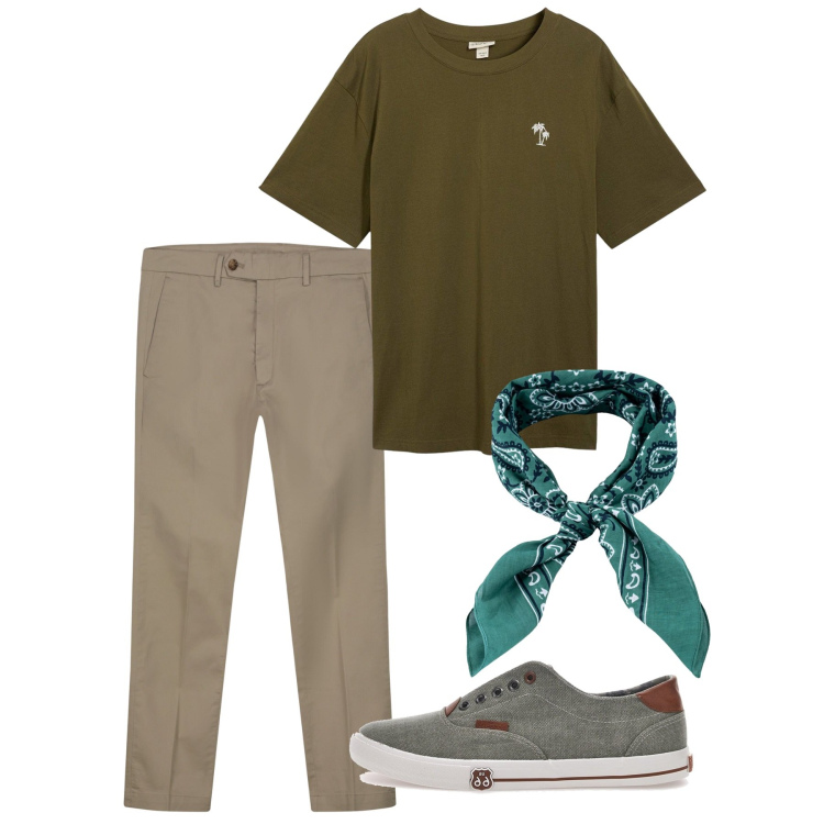 Outfit uomo - Agosto. Stile Casual per Tutti i giorni. Abbinamento con t-shirt, sneakers, pantaloni chino, sciarpe e foulard.