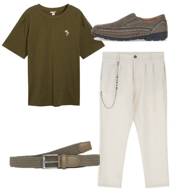 Outfit uomo - Total look. Stile Casual per Tutti i giorni. Abbinamento con t-shirt, cinture, pantaloni, scarpe stringate.
