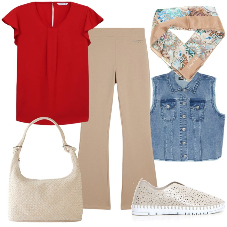 Outfit donna - Urban style. Stile Urban per Tutti i giorni. Abbinamento con shopping bag, bluse, pantaloni, sneakers, gilet, foulard.