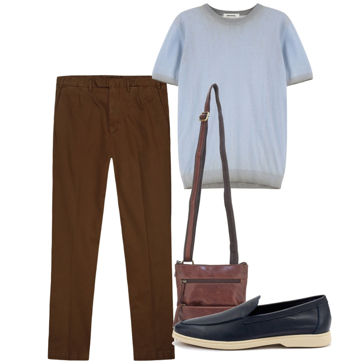 Outfit uomo - Agosto. Stile Casual per Tutti i giorni. Abbinamento con maglieria, pantaloni, portafogli, scarpe stringate.