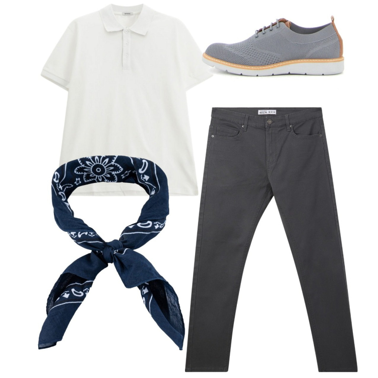 Outfit uomo - Total look. Stile Casual per Tutti i giorni. Abbinamento con pantaloni skinny, polo, sciarpe e foulard, scarpe stringate.