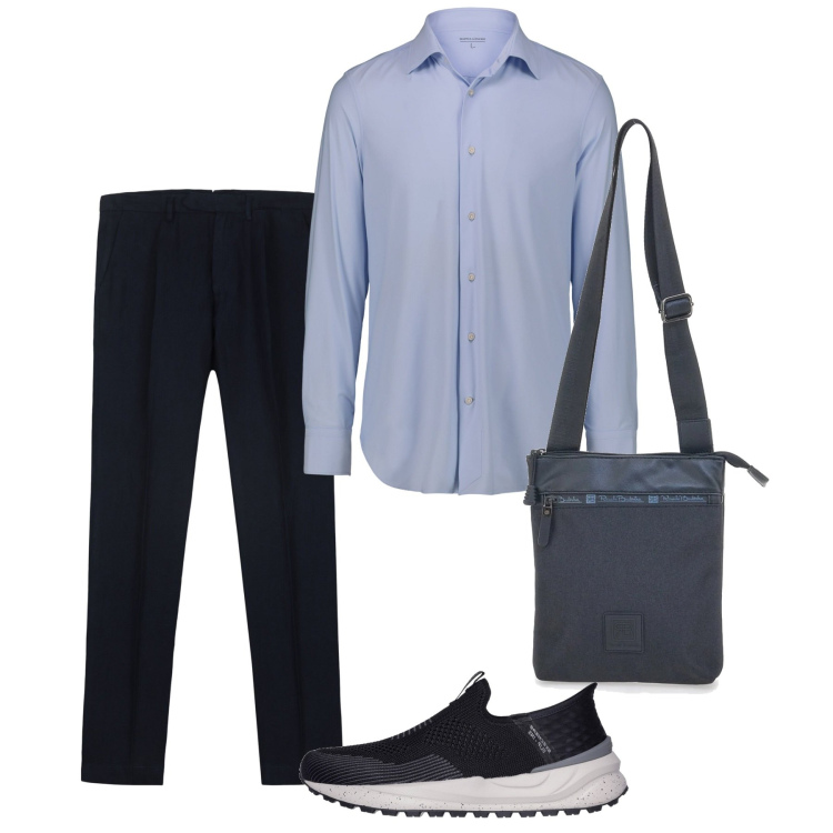 Outfit uomo - Agosto. Stile Casual per Ufficio. Abbinamento con sneakers, camicie, portafogli, pantaloni.