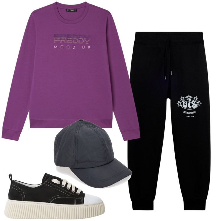 Outfit donna - Total look #2229092. Stile Casual per Tutti i giorni. Abbinamento con sneakers, felpe, pantaloni, cappelli con visiera.