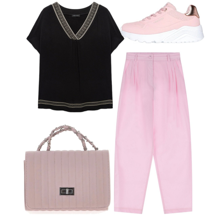Outfit donna - City. Stile Casual per Tutti i giorni. Abbinamento con pantaloni, bluse, sneakers, borse a tracolla.