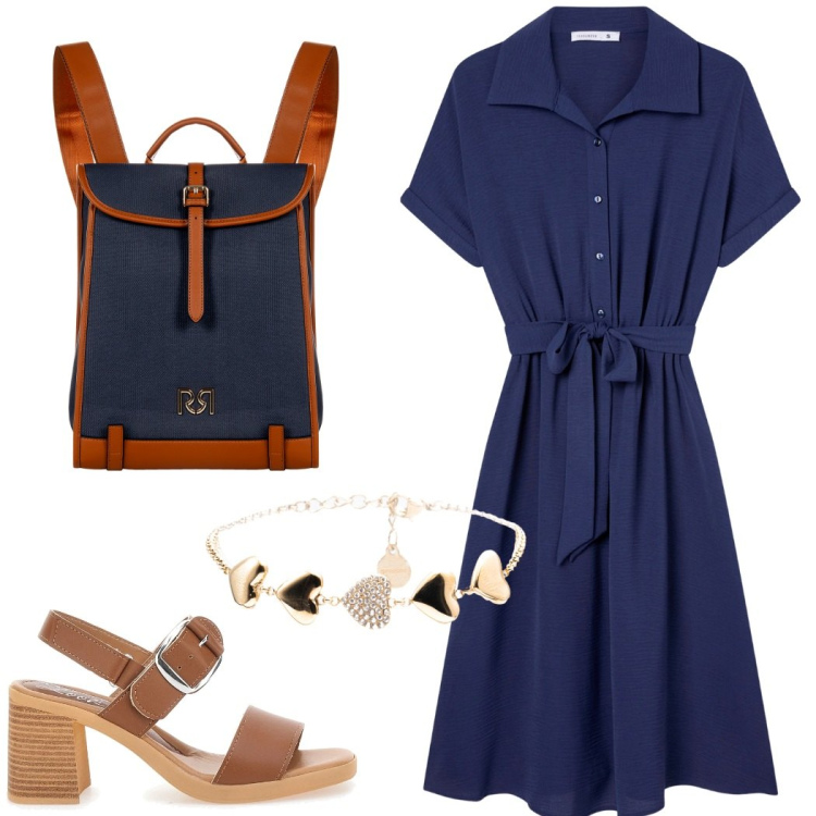 Outfit donna - Passeggiata in centro. Stile Urban per Tutti i giorni. Abbinamento con vestiti chemisier, zaini, braccialetti, sandali col tacco.