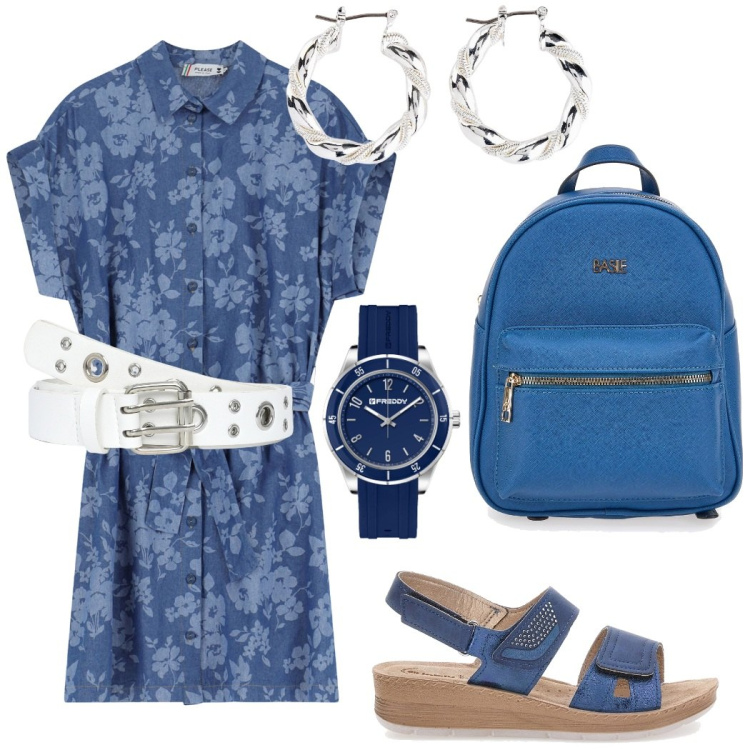 Outfit donna - Urban style in blu. Stile Urban per Tutti i giorni. Abbinamento con orecchini, cinture, vestiti corti, orologi, sandali in pelle, zaini.