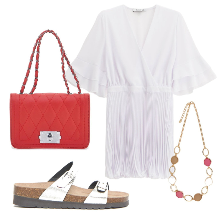Outfit donna - Il vestito plissettato. Stile Casual chic per Tutti i giorni. Abbinamento con vestiti corti, collane, ciabatte, borse a tracolla.