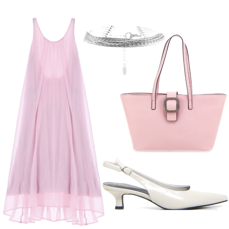 Outfit donna - L\'abito rosa confetto. Stile Minimal per Tutti i giorni. Abbinamento con vestiti lunghi, braccialetti, décolleté, borse a spalla.