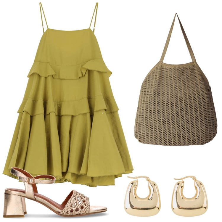 Outfit donna - L\'abito fresco. Stile Casual per Tutti i giorni. Abbinamento con orecchini, borse tote, vestiti corti, sandali col tacco.