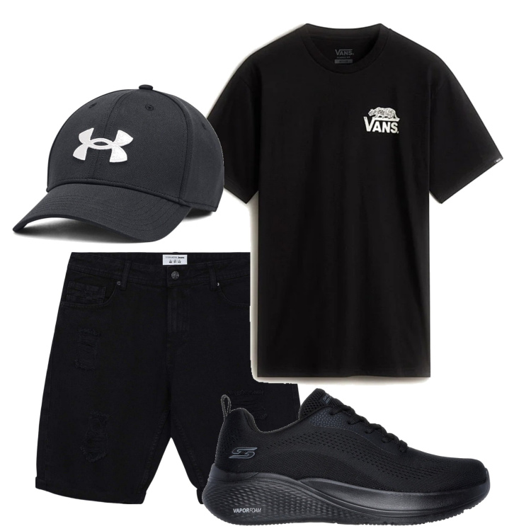Outfit uomo - Serata estiva. Stile Casual per Tutti i giorni. Abbinamento con bermuda, sneakers, cappelli, t-shirt.