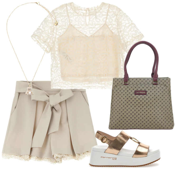 Outfit donna - Semplice serata. Stile Trendy per Tutti i giorni. Abbinamento con shorts, bluse, ciondoli, sandali, borse a spalla.