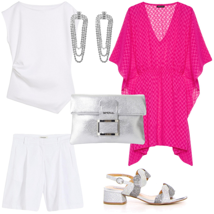 Outfit donna - Sera d\'agosto. Stile Casual chic per Serata fuori. Abbinamento con shorts, top, orecchini, pochette, sandali col tacco, caftani.