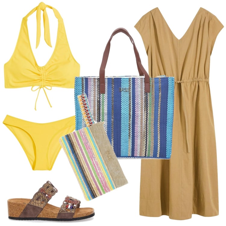 Outfit donna - Borsa e pochette da spiaggia. Stile Casual per Mare. Abbinamento con vestiti, bikini, ciabatte, shopping bag, pochette.
