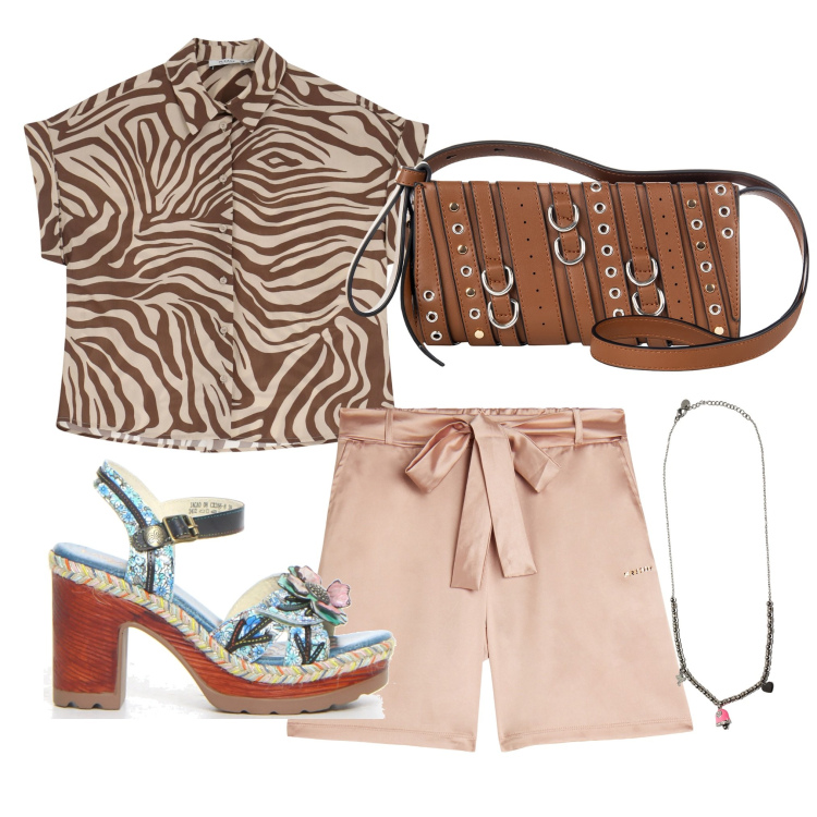 Outfit donna - Un pomeriggio in estate. Stile Trendy per Tutti i giorni. Abbinamento con borse a spalla, camicie a manica corta, shorts, ciondoli, sandali col tacco.