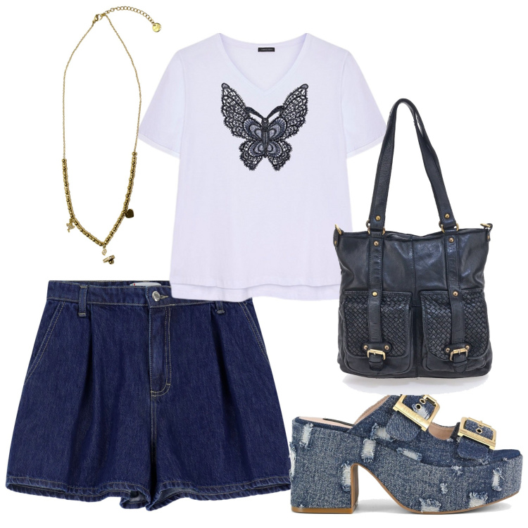 Outfit donna - Un pomeriggio in estate 2. Stile Trendy per Tutti i giorni. Abbinamento con shorts, ciondoli, sandali, t-shirt, borse a spalla.