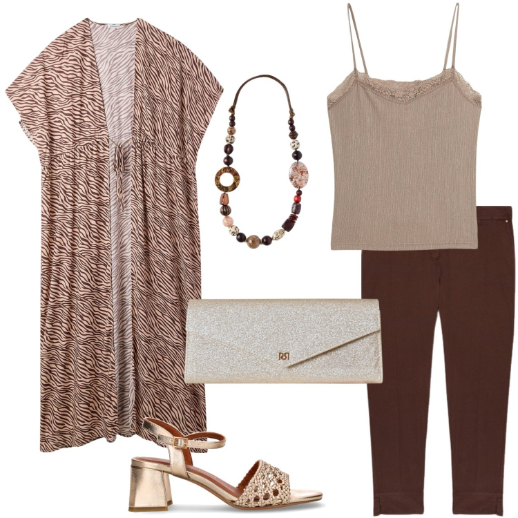 Outfit donna - Sera d\'agosto. Stile Casual chic per Serata fuori. Abbinamento con canottiere, caftani, pochette, pantaloni chino, sandali col tacco, collane.