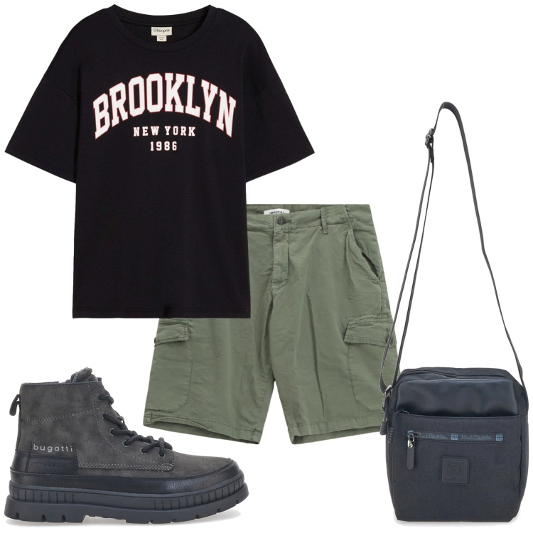 Outfit uomo - Concerto. Stile Urban per Tutti i giorni. Abbinamento con t-shirt, bermuda, portafogli, stivali e stivaletti.