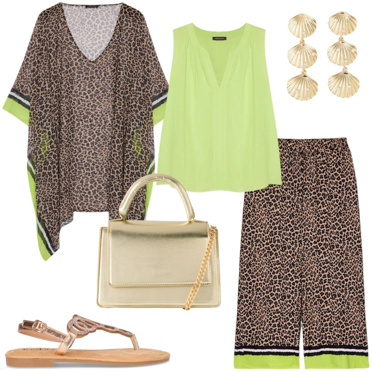 Outfit donna - Sera d\'agosto. Stile Etnico per Serata fuori. Abbinamento con orecchini, borse a tracolla, pantaloni, top, caftani, sandali in pelle.