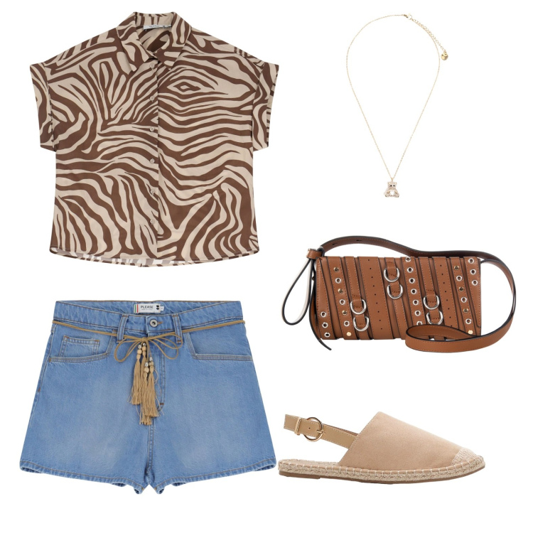 Outfit donna - Etnico in spiaggia. Stile Boho per Mare. Abbinamento con espadrillas, borse a spalla, camicie a manica corta, shorts, ciondoli.