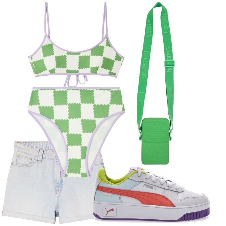 Outfit donna - Tenuta sportiva. Stile Basic per Mare. Abbinamento con bikini, bikini, shorts, sneakers, borse a tracolla.