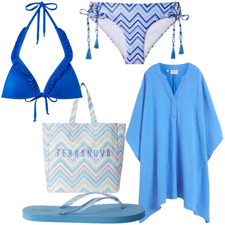 Outfit donna - Una giornata al mare. Stile Casual per Mare. Abbinamento con vestiti da spiaggia, bikini, bikini, infradito, borse tote.
