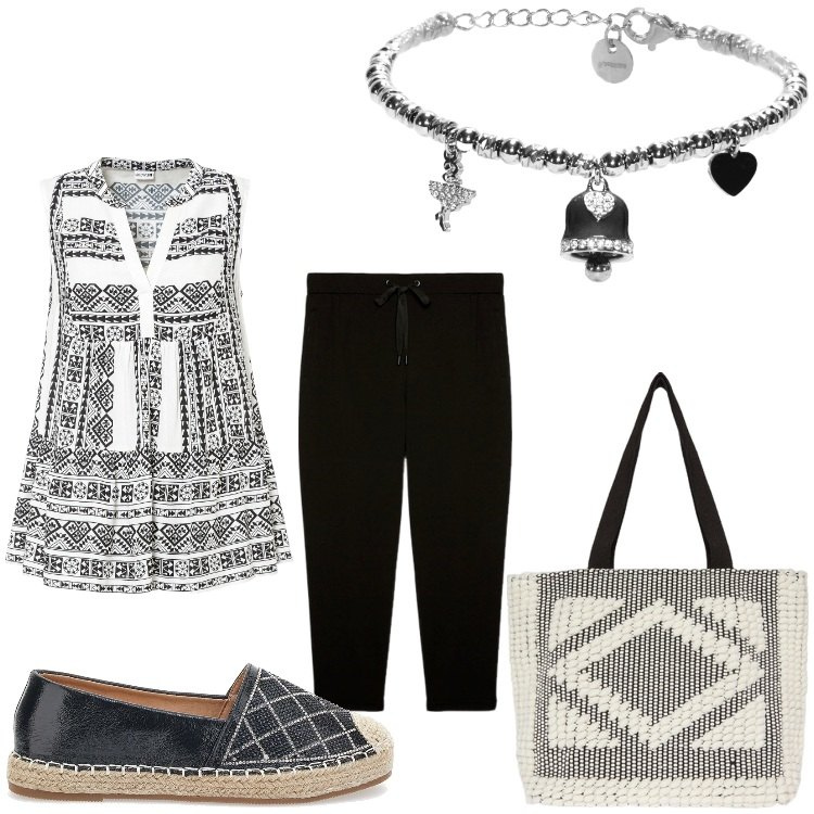 Outfit donna - Semplice semplice. Stile Boho per Tutti i giorni. Abbinamento con top, braccialetti, pantaloni, shopping bag, espadrillas.