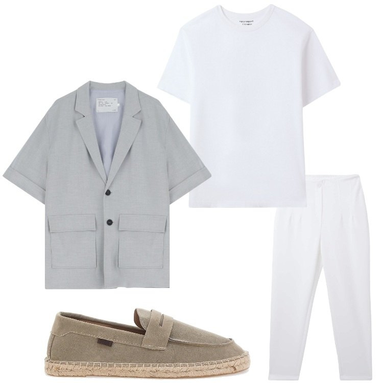 Outfit uomo - Carino a Ferragosto. Stile Casual per Serata speciale. Abbinamento con pantaloni chino, t-shirt, giacche, espadrillas.