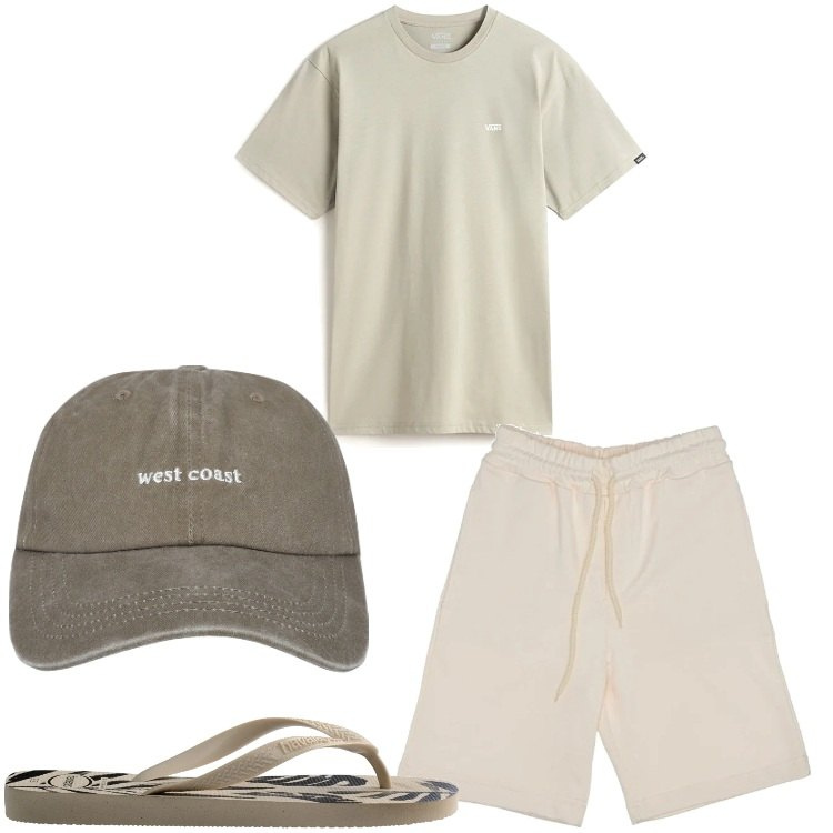 Outfit uomo - Giornata in giardino. Stile Casual per Tutti i giorni. Abbinamento con cappelli, pantaloni corti, t-shirt, sandali.