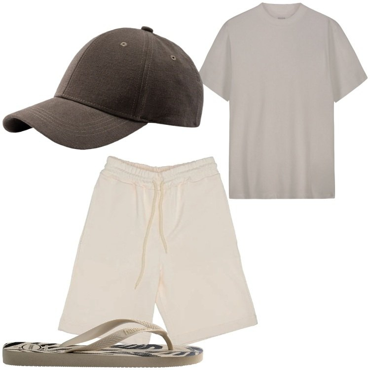 Outfit uomo - Il re del barbecue. Stile Casual per Tutti i giorni. Abbinamento con t-shirt, pantaloni corti, cappelli con visiera, sandali.