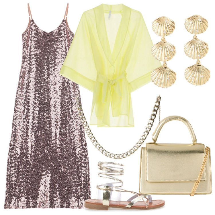 Outfit donna - Una festa in spiaggia. Stile Glamour per Serata fuori. Abbinamento con orecchini, collane, borse a tracolla, vestiti, kimono, sandali alla schiava.