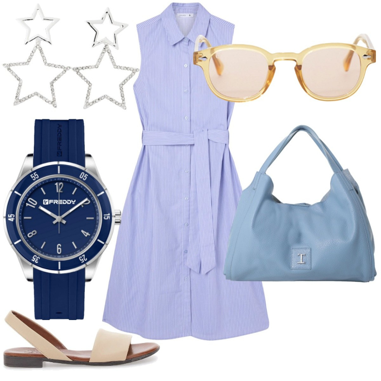 Outfit donna - Total look #2229151. Stile Boho per Tutti i giorni. Abbinamento con vestiti chemisier, orecchini, occhiali da sole, pochette, orologi, sandali in pelle.