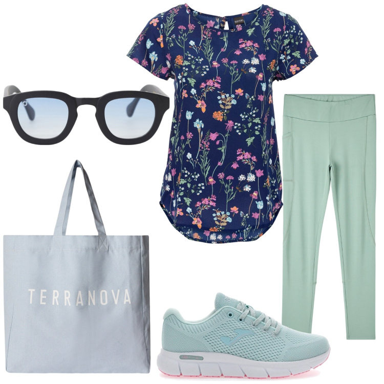Outfit donna - Total look #2229154. Stile Casual per Tutti i giorni. Abbinamento con bluse, leggings, borse tote, occhiali da sole, sneakers.