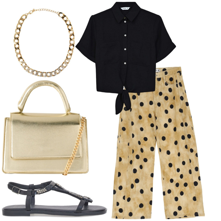 Outfit donna - Total look #2229155. Stile Casual per Ufficio. Abbinamento con camicie a manica corta, collane, borse a tracolla, pantaloni, sandali gioiello.