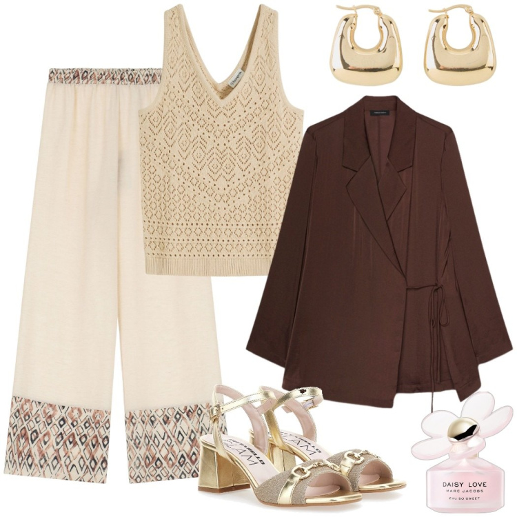 Outfit donna - Serata evento. Stile Etnico per Serata fuori. Abbinamento con top, orecchini, profumi, pantaloni, blazer, sandali col tacco.