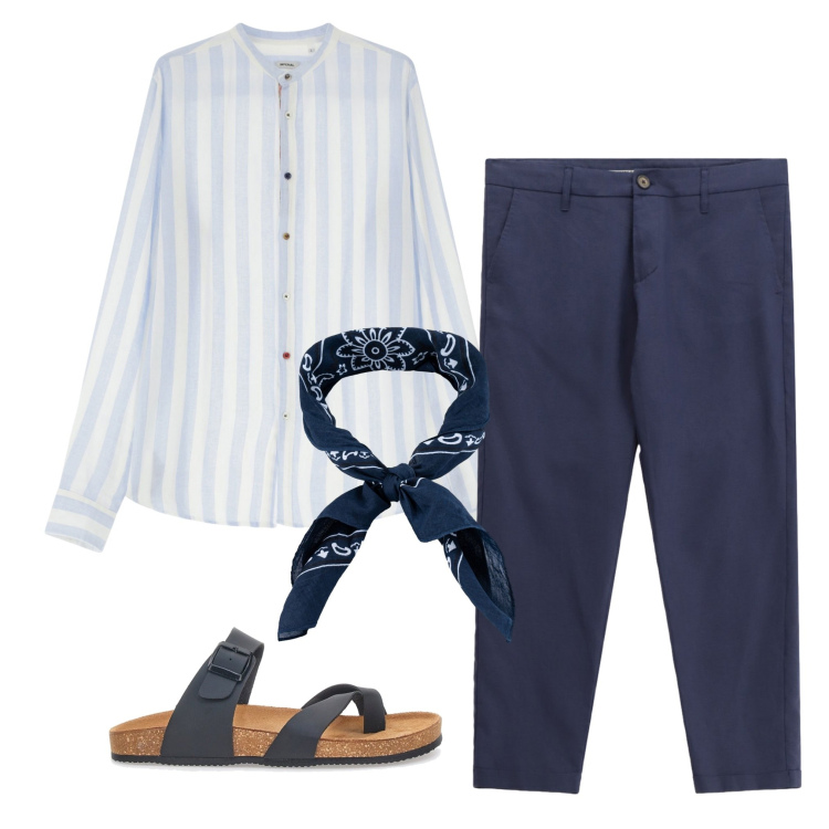 Outfit uomo - Look da rooftop serale. Stile Trendy per Serata speciale. Abbinamento con camicie, pantaloni, sandali, sciarpe e foulard.