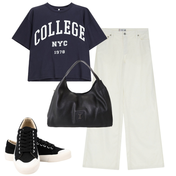 Outfit donna - Total look #2229158. Stile Casual per Tutti i giorni. Abbinamento con pantaloni a palazzo, t-shirt, pochette, sneakers.