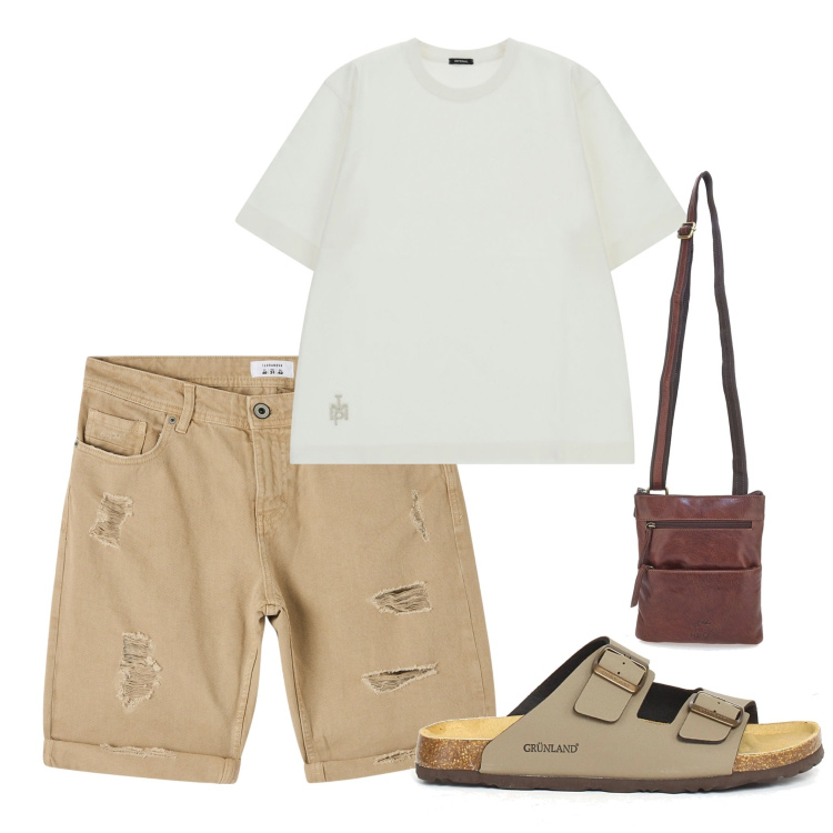 Outfit uomo - Tonalità neutre e polverose 2. Stile Casual per Tutti i giorni. Abbinamento con bermuda, t-shirt, portafogli, sandali.