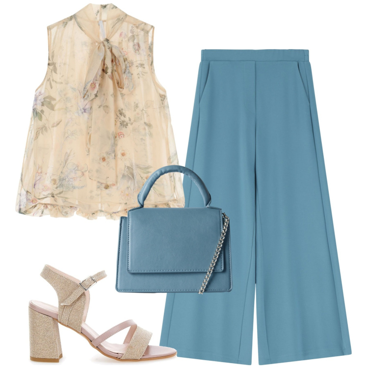 Outfit donna - City. Stile Urban per Tutti i giorni. Abbinamento con borse a tracolla, pantaloni, camicie, sandali col tacco.