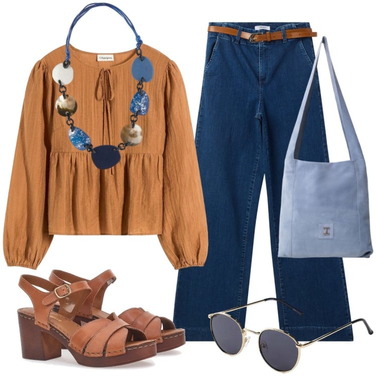 Outfit donna - Boho chic per l\' aperitivo. Stile Boho per Serata fuori. Abbinamento con bluse, occhiali da sole, jeans, borse a tracolla, sandali in pelle, collane.