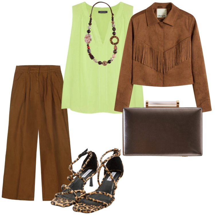 Outfit donna - Serata speciale. per Serata fuori. Abbinamento con blazer, sandali col tacco, clutch, top, collane, pantaloni.