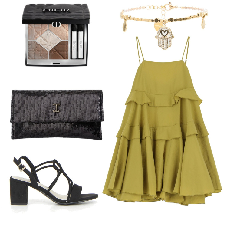 Outfit donna - Total look #2229168. Stile Casual chic per Serata fuori. Abbinamento con ombretti, borse a tracolla, vestiti corti, braccialetti, sandali col tacco.
