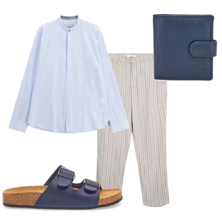 Outfit uomo - Look da rooftop serale. Stile Casual per Serata speciale. Abbinamento con pantaloni chino, camicie, portafogli, sandali.