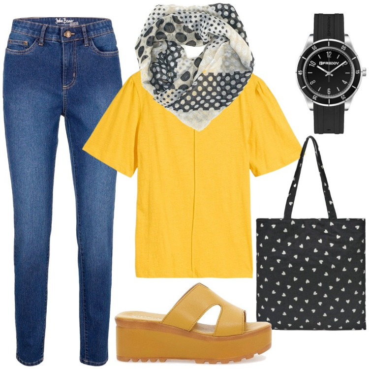 Outfit donna - Shopping in jeans. Stile Urban per Tutti i giorni. Abbinamento con jeans skinny, t-shirt, borse tote, orologi, sandali col tacco, foulard.