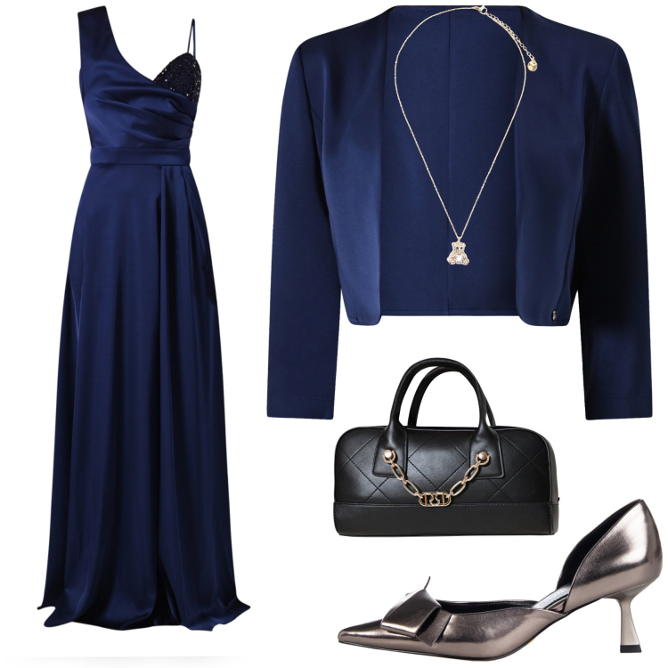 Outfit donna - Total look #2229171. Stile Chic per Serata fuori. Abbinamento con décolleté, borse a mano, bolero, vestiti lunghi, ciondoli.